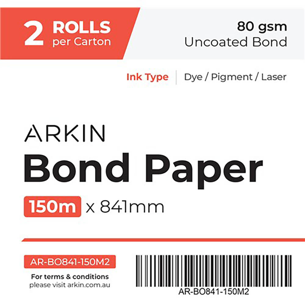 Image for ARKIN BOND PAPER 80GSM 150M X 841MM 2 ROLLS from MOE Office Products Depot Mackay & Whitsundays