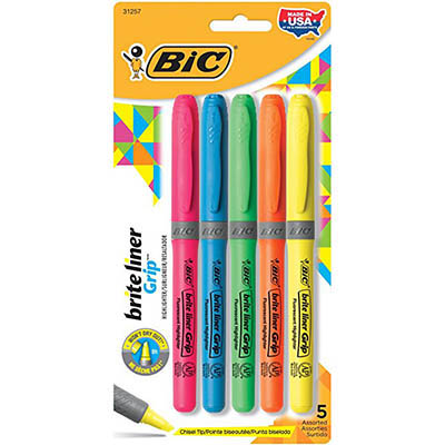 Image for BIC BRITELINER GRIP HIGHLIGHTER PEN STYLE CHISEL ASSORTED PACK 5 from MOE Office Products Depot Mackay & Whitsundays
