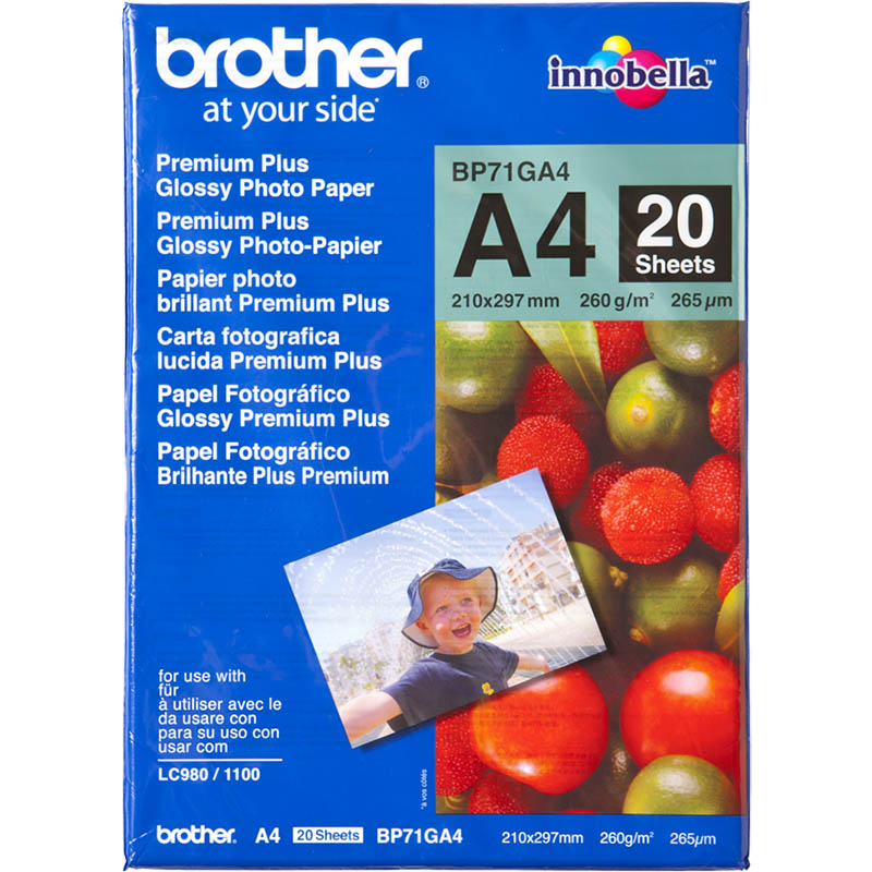 Image for BROTHER BP-71G PREMIUM PLUS GLOSSY PHOTO PAPER 260GSM A4 WHITE PACK 20 from Office Products Depot Gold Coast