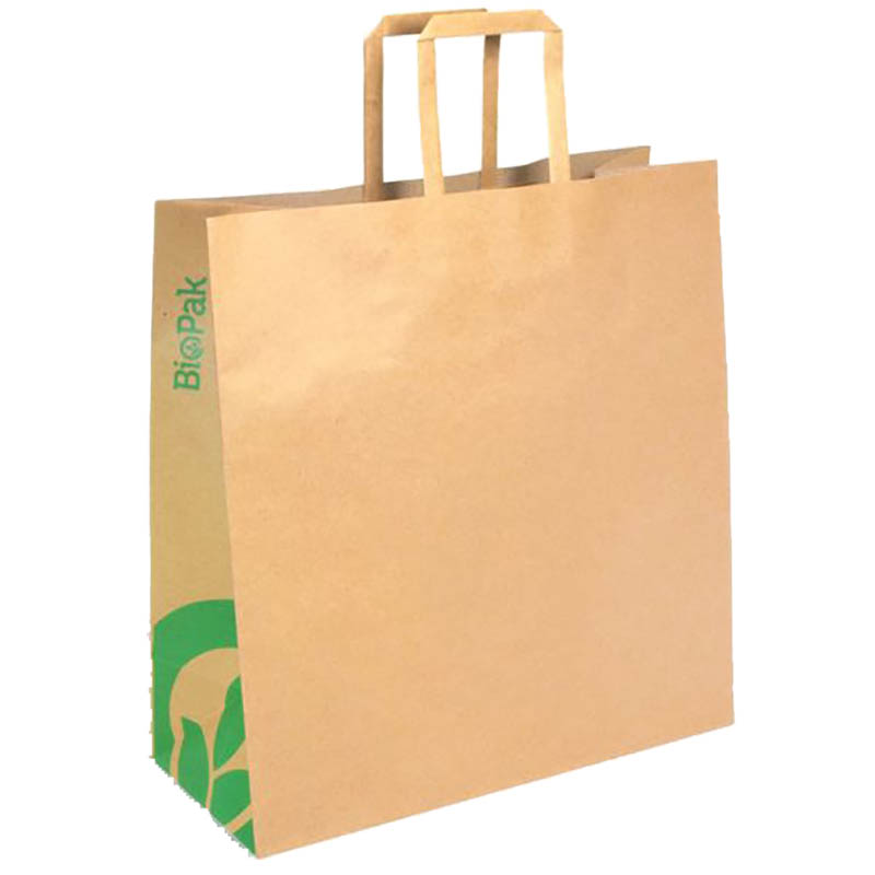 Image for BIOPAK KRAFT PAPER BAGS FLAT HANDLE MEDIUM 320 X 340 X 140MM CARTON 200 from Barkers Rubber Stamps & Office Products Depot