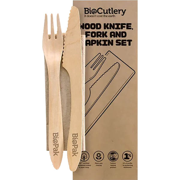 Image for BIOPAK BIOTABLEWARE WOODEN KNIFE, FORK, NAPKIN SET WAX COATED 190MM PACK 100 from MOE Office Products Depot Mackay & Whitsundays