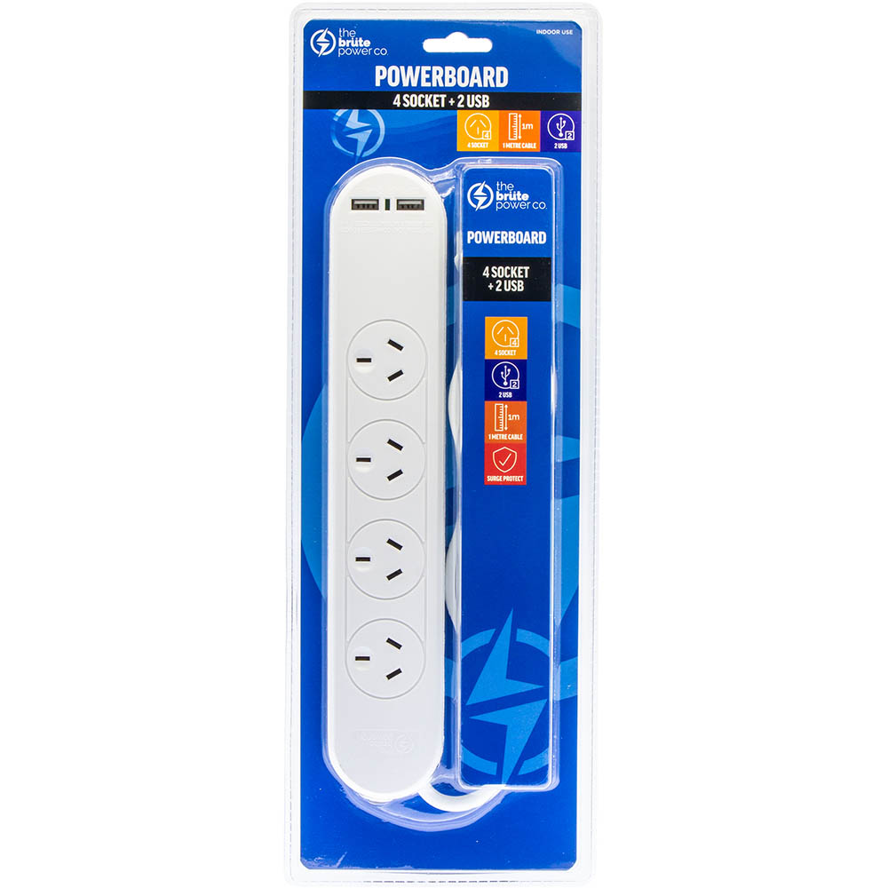 Image for THE BRUTE POWER CO POWERBOARD 4 OUTLET WITH 2 USB PORTS 1M WHITE from OFFICEPLANET OFFICE PRODUCTS DEPOT