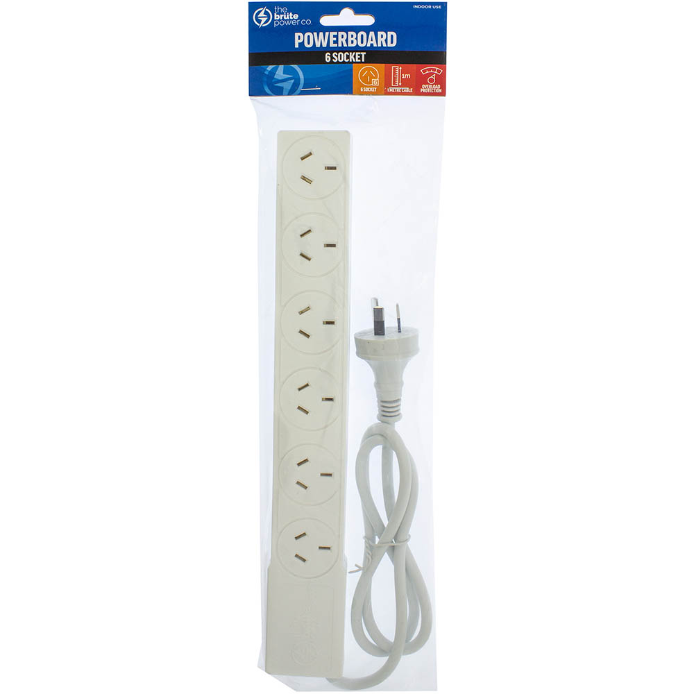 Image for THE BRUTE POWER CO POWERBOARD 6 OUTLET WITH OVERLOAD PROTECTION 1M WHITE from Barkers Rubber Stamps & Office Products Depot