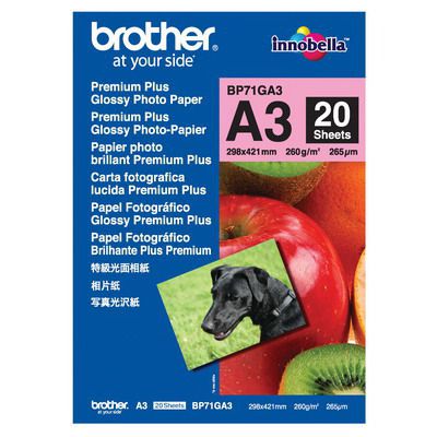 Image for BROTHER BP-71G PREMIUM PLUS GLOSSY PHOTO PAPER 260GSM A3 WHITE PACK 20 from Office Products Depot