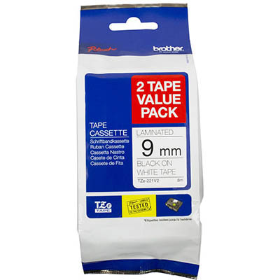 Image for BROTHER TZE-221V2 LAMINATED LABELLING TAPE 9MM BLACK ON WHITE PACK 2 from Office Products Depot Gold Coast