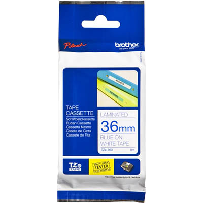 Image for BROTHER TZE-263 LAMINATED LABELLING TAPE 36MM BLUE ON WHITE from Total Supplies Pty Ltd