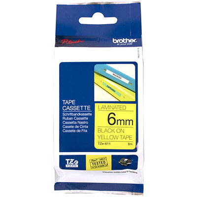 Image for BROTHER TZE-611 LAMINATED LABELLING TAPE 6MM BLACK ON YELLOW from Total Supplies Pty Ltd