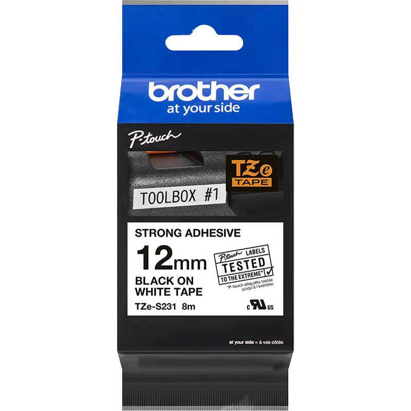 Image for BROTHER TZE-S231 STRONG ADHESIVE LABELLING TAPE 12MM BLACK ON WHITE from MOE Office Products Depot Mackay & Whitsundays