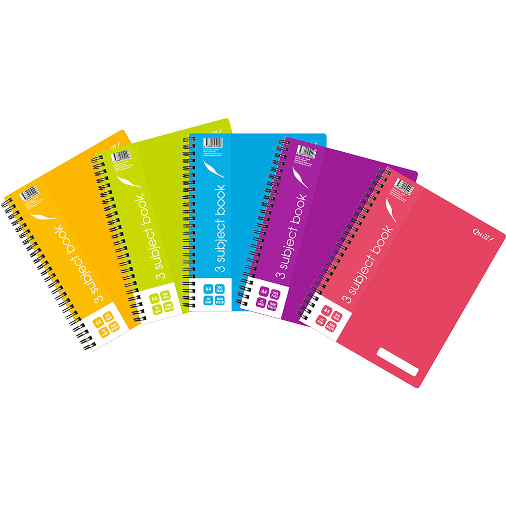 Image for QUILL 3-SUBJECT NOTEBOOK PP 70GSM 300 PAGE A4 ASSORTED from MOE Office Products Depot Mackay & Whitsundays