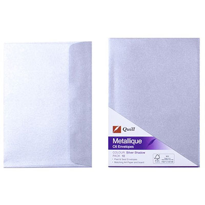 Image for QUILL C6 METALLIQUE ENVELOPES PLAINFACE STRIP SEAL 80GSM 114 X 162MM SILVER SHADOW PACK 10 from Office Products Depot