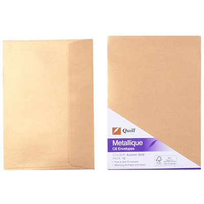 Image for QUILL C6 METALLIQUE ENVELOPES PLAINFACE STRIP SEAL 80GSM 114 X 162MM AUTUMN GOLD PACK 10 from O'Donnells Office Products Depot