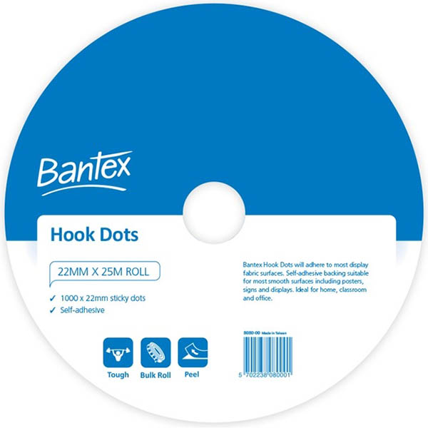 Image for BANTEX HOOK DOTS 22MM X 25M WHITE ROLL 1000 from MOE Office Products Depot Mackay & Whitsundays