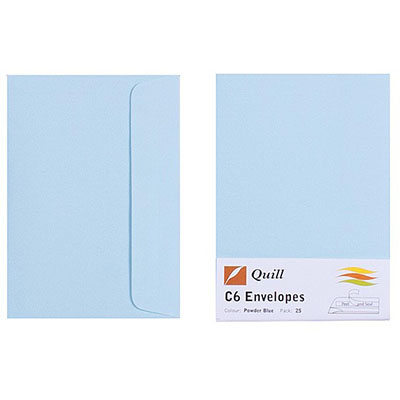 Image for QUILL C6 COLOURED ENVELOPES PLAINFACE STRIP SEAL 80GSM 114 X 162MM POWDER BLUE PACK 25 from O'Donnells Office Products Depot