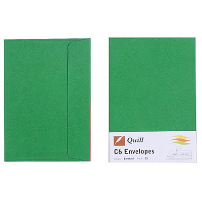 Image for QUILL C6 COLOURED ENVELOPES PLAINFACE STRIP SEAL 80GSM 114 X 162MM EMERALD PACK 25 from O'Donnells Office Products Depot
