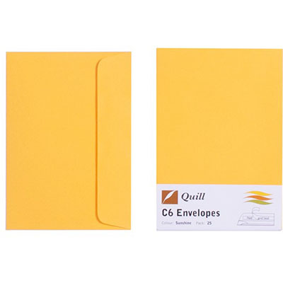 Image for QUILL C6 COLOURED ENVELOPES PLAINFACE STRIP SEAL 80GSM 114 X 162MM SUNSHINE PACK 25 from O'Donnells Office Products Depot
