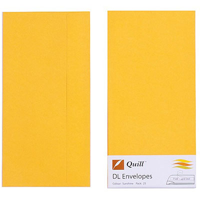 Image for QUILL DL COLOURED ENVELOPES PLAINFACE STRIP SEAL 80GSM 110 X 220MM SUNSHINE PACK 25 from O'Donnells Office Products Depot