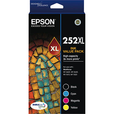 Image for EPSON 252XL INK CARTRIDGE HIGH YIELD VALUE PACK BLACK/CYAN/YELLOW/MAGENTA from Ross Office Supplies Office Products Depot