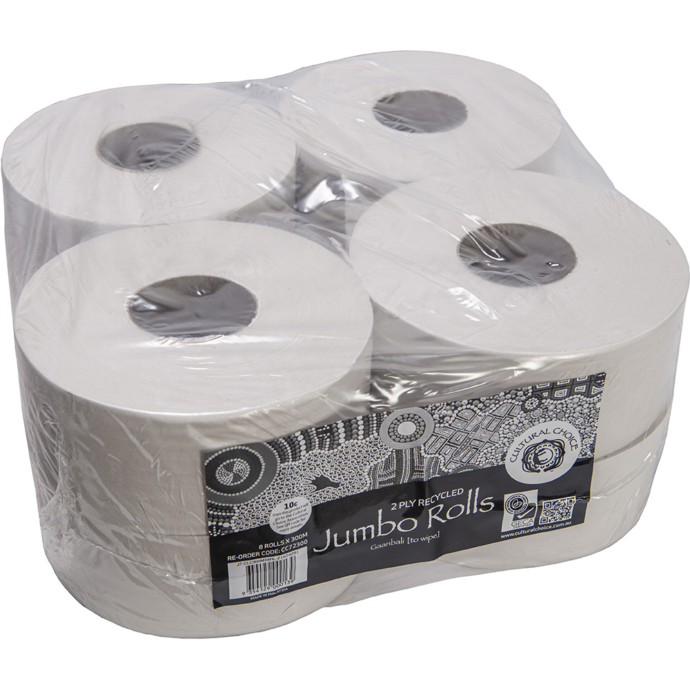 Image for CULTURAL CHOICE RECYCLED JUMBO TOILET ROLL 2-PLY 300M WHITE CARTON 8 from Barkers Rubber Stamps & Office Products Depot