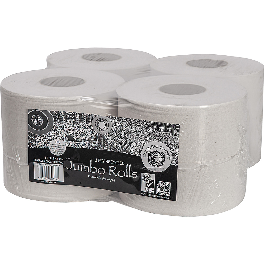Image for CULTURAL CHOICE RECYCLED JUMBO TOILET ROLL 1-PLY 500M WHITE CARTON 8 from Barkers Rubber Stamps & Office Products Depot