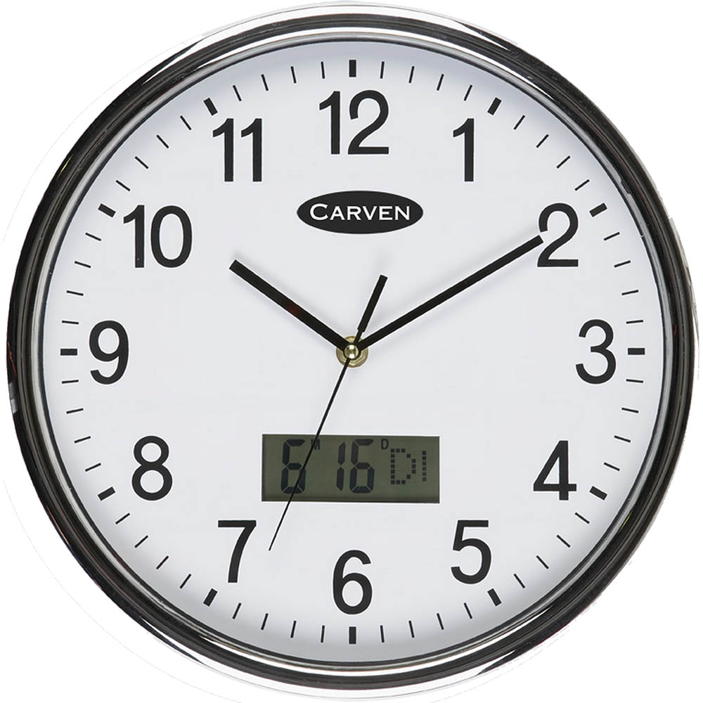 Image for CARVEN WALL CLOCK LCD DATE 285MM SILVER FRAME from Albany Office Products Depot