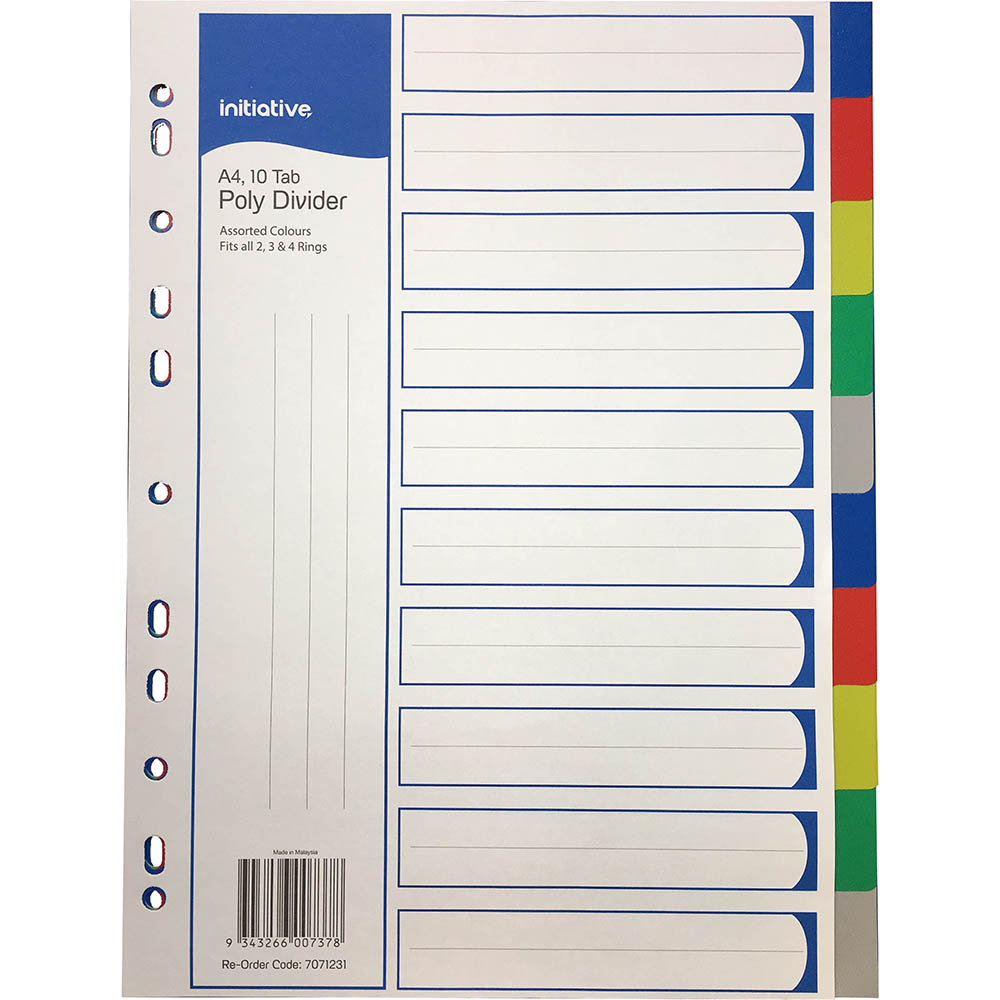 Image for INITIATIVE DIVIDERS PP 10 TAB A4 ASSORTED COLOURS from Albany Office Products Depot