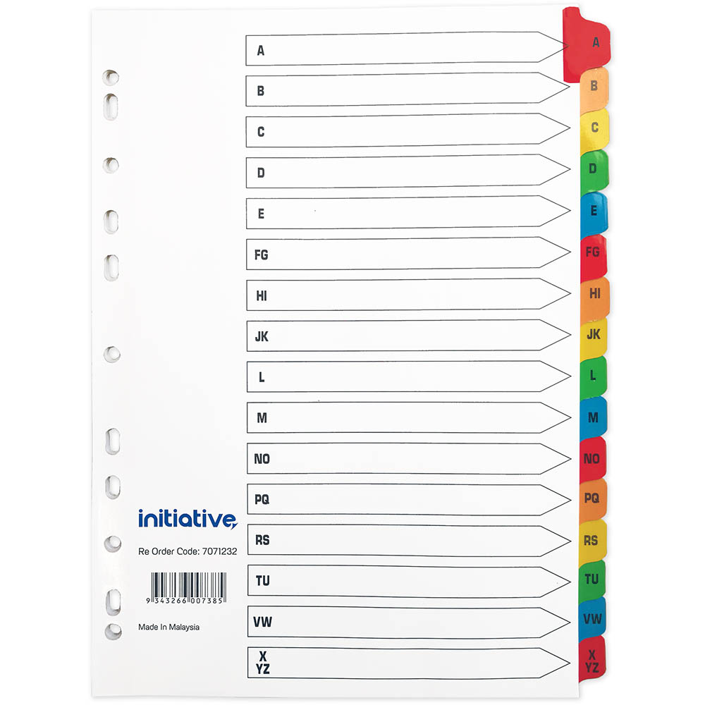 Image for INITIATIVE INDEX DIVIDERS A4 A-Z TAB COLOURED from Ross Office Supplies Office Products Depot