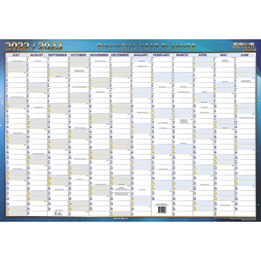 Image for COLLINS WRITERAZE 11777 QC2 FINANCIAL YEAR PLANNER 500 X 700MM WHITE from MOE Office Products Depot Mackay & Whitsundays
