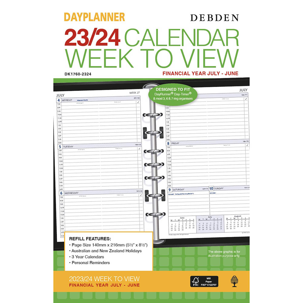 Image for DEBDEN DAYPLANNER DK1760 DESK EDITION FINANCIAL YEAR DIARY REFILL WEEK TO VIEW 216 X 140MM WHITE from Tristate Office Products Depot
