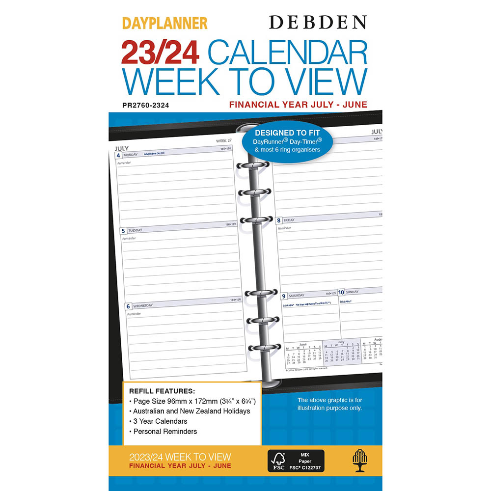 Image for DEBDEN DAYPLANNER PR2760 FINANCIAL YEAR DIARY REFILL WEEK TO VIEW 172 X 96MM WHITE from MOE Office Products Depot Mackay & Whitsundays