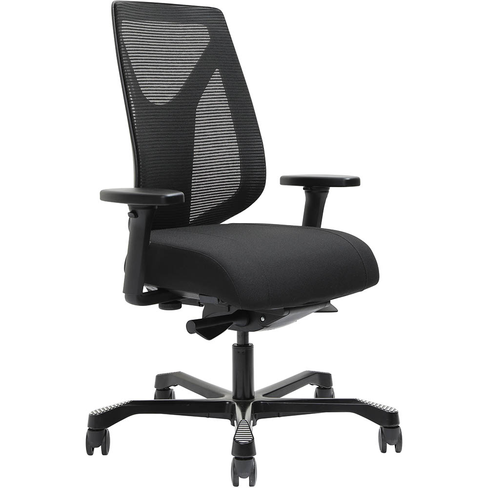 Image for SERATI HIGH MESH BACK CHAIR BODY-WEIGHT SYNCHRO ADJUSTABLE ARMREST BLACK ALUMINIUM BASE FOOTPLATES GABRIEL FIGHTER from Office Products Depot Gold Coast