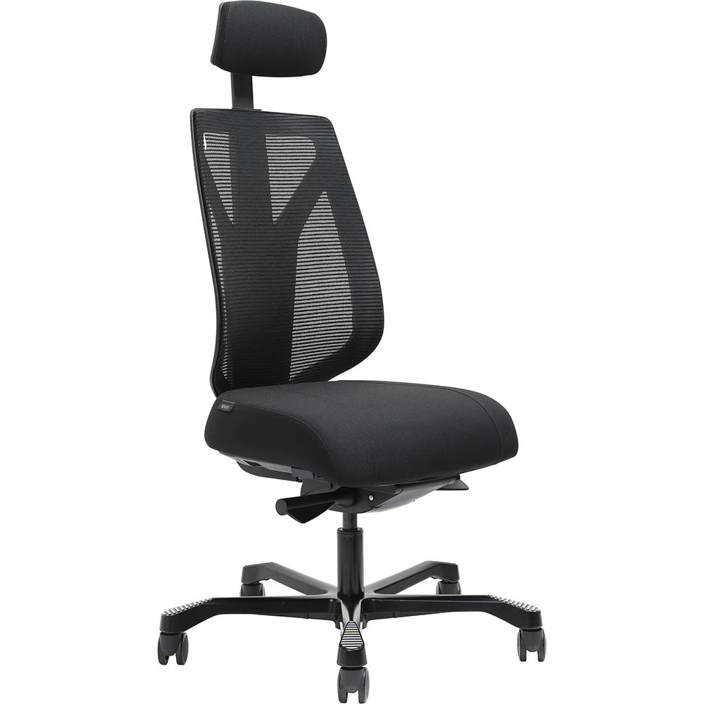 Image for SERATI HIGH MESH BACK CHAIR BODY-WEIGHT SYNCHRO 2-D HEADREST BLACK ALUMINIUM BASE FOOTPLATES GABRIEL FIGHTER BLACK FABRIC from Office Products Depot Gold Coast