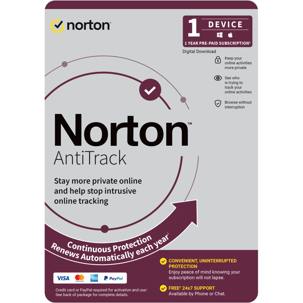 Image for NORTON ANTI TRACK SOFTWARE 1 USER 1 DEVICE 1 YEAR from MOE Office Products Depot Mackay & Whitsundays