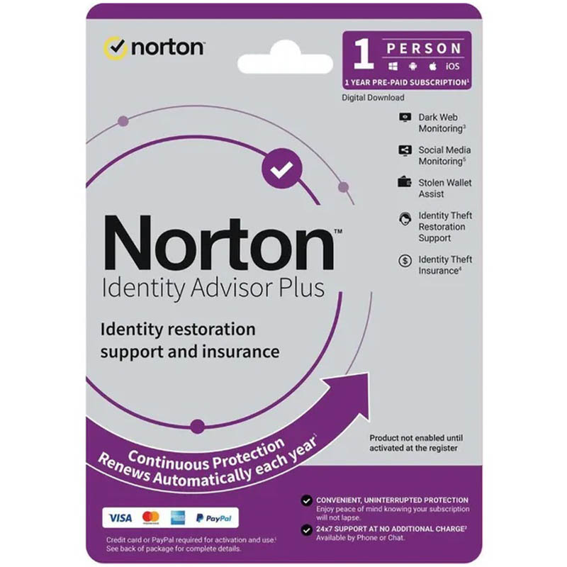 Image for NORTON IDENTITY ADVISOR PLUS KEY 1 YEAR from Ross Office Supplies Office Products Depot