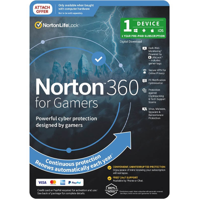 Image for NORTON 360 GAMER ANTI VIRUS SOFTWARE 1 USER 1 DEVICE 1 YEAR from Margaret River Office Products Depot