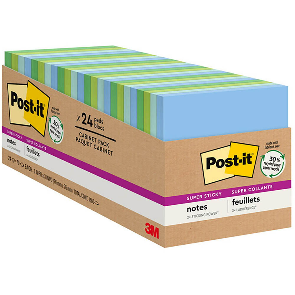Image for POST-IT 654-24SST-CP SUPER STICKY RECYCLED NOTES 76 X 76MM OASIS CABINET PACK 24 from Office Products Depot