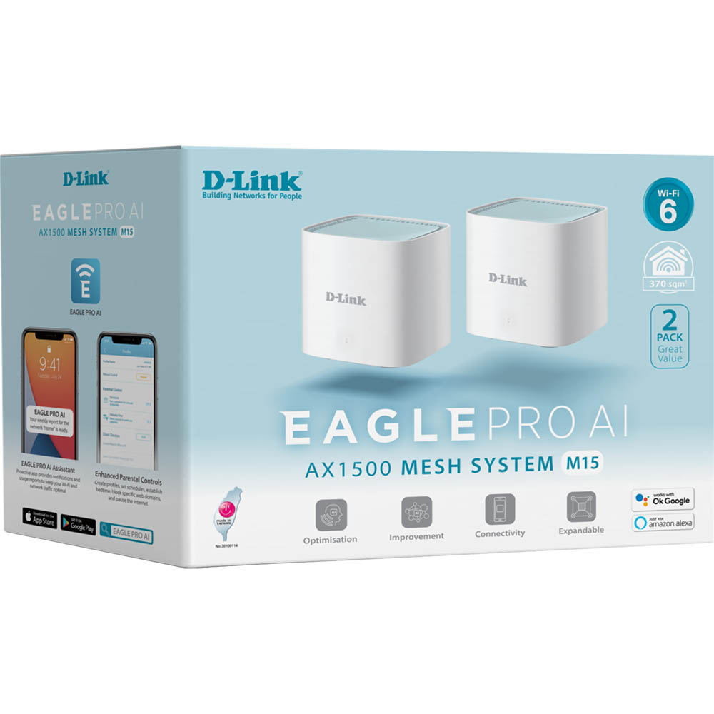 Image for D-LINK M15 EAGLE PRO AI AX1500 MESH SYSTEM PACK 2 from Ross Office Supplies Office Products Depot