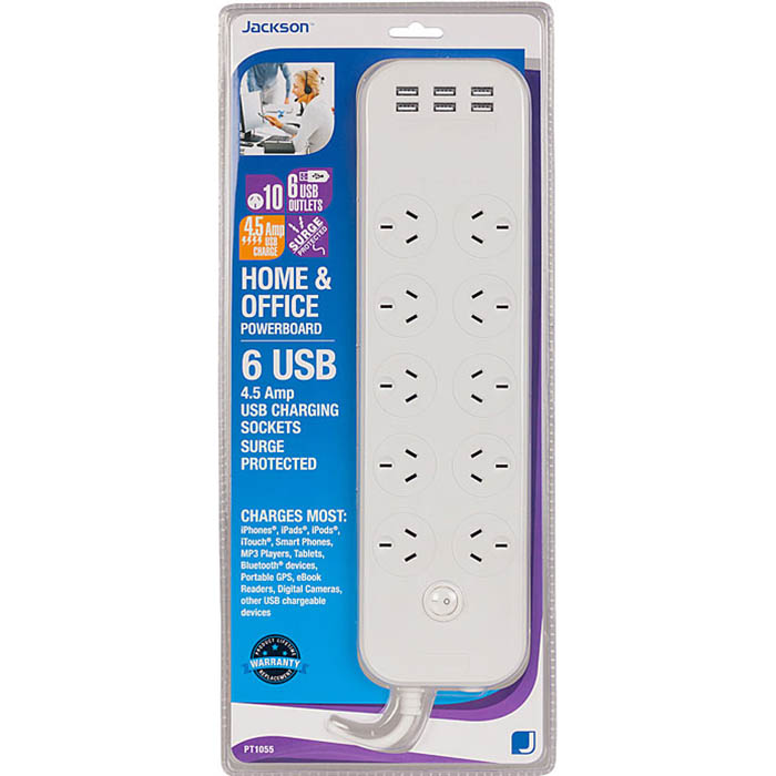 Image for JACKSON POWERBOARD SURGE PROTECTED 10 OUTLET SWITCHED 6 USB OUTLETS 1M WHITE from Office Products Depot