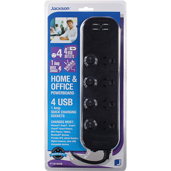 Image for JACKSON POWERBOARD SURGE PROTECTED 4 OUTLET SWITCHED 4 USB OUTLETS 1M BLACK from Margaret River Office Products Depot