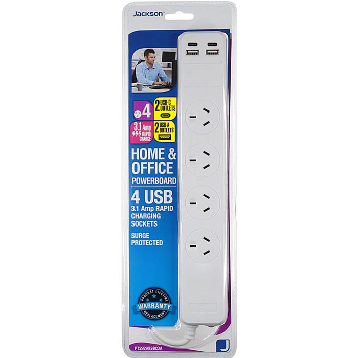 Image for JACKSON POWERBOARD SURGE PROTECTED 4 WAY USB 1M WHITE from Margaret River Office Products Depot