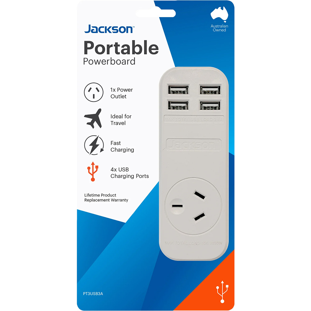 Image for JACKSON POWERBOARD SINGLE OUTLET 4 USB OUTLETS 900MM WHITE from Margaret River Office Products Depot