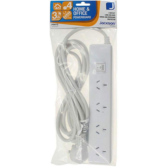 Image for JACKSON POWERBOARD SURGE PROTECTED 4 OUTLET SWITCHED 3M WHITE from Office Products Depot