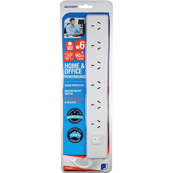 Image for JACKSON POWERBOARD SURGE PROTECTED 6 OUTLET SWITCHED 900MM WHITE from Barkers Rubber Stamps & Office Products Depot