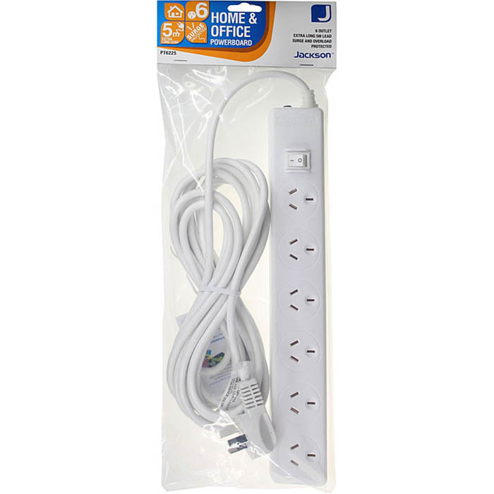 Image for JACKSON POWERBOARD SURGE PROTECTED 6 OUTLET SWITCHED 5M WHITE from MOE Office Products Depot Mackay & Whitsundays