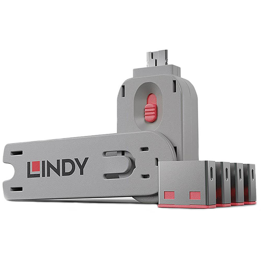 Image for LINDY 40450 USB PORT BLOCKER WITH KEY PACK 4 PINK from Total Supplies Pty Ltd