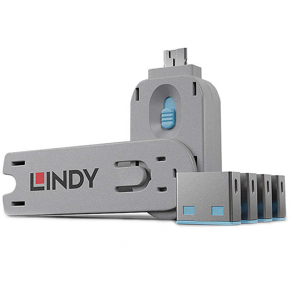 Image for LINDY 40452 USB PORT BLOCKER WITH KEY PACK 4 BLUE from Margaret River Office Products Depot