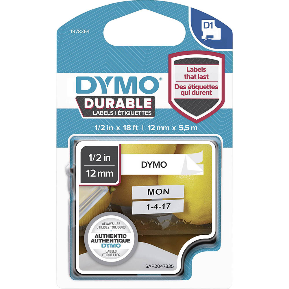 Image for DYMO 1978364 D1 DURABLE LABEL CASSETTE TAPE 12MM X 5.5M BLACK ON WHITE from MOE Office Products Depot Mackay & Whitsundays