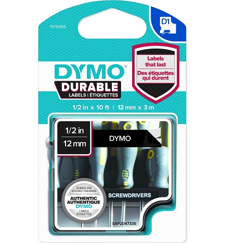 Image for DYMO 1978365 D1 DURABLE LABEL CASSETTE TAPE 12MM X 3M WHITE ON BLACK from MOE Office Products Depot Mackay & Whitsundays