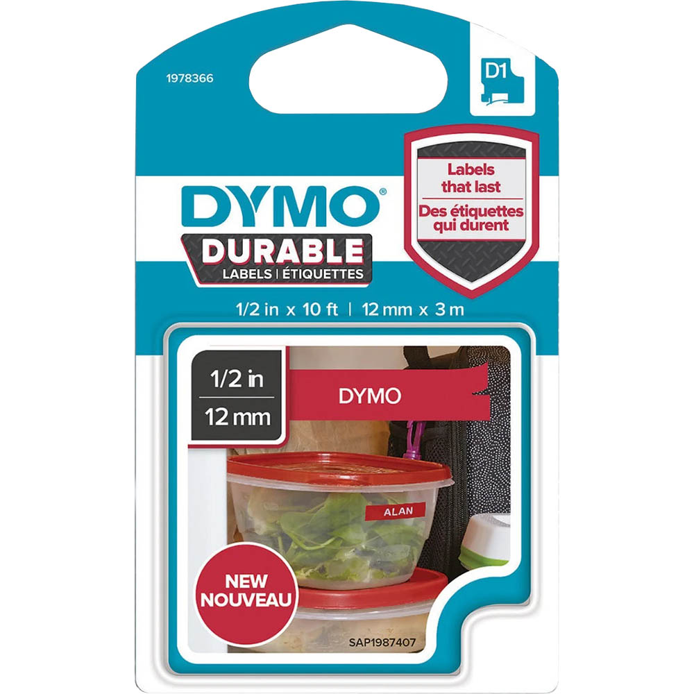 Image for DYMO 1978366 D1 DURABLE LABEL CASSETTE TAPE 12MM X 3M WHITE ON RED from Ross Office Supplies Office Products Depot