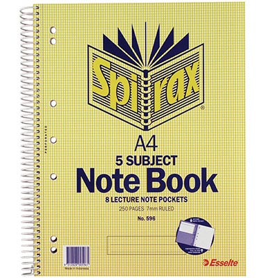 Image for SPIRAX 596 5-SUBJECT NOTEBOOK 7MM RULED SPIRAL BOUND 250 PAGE A4 from Ross Office Supplies Office Products Depot