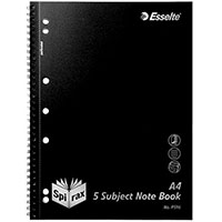 spirax p596 5-subject notebook 7mm ruled side open a4 250 page black